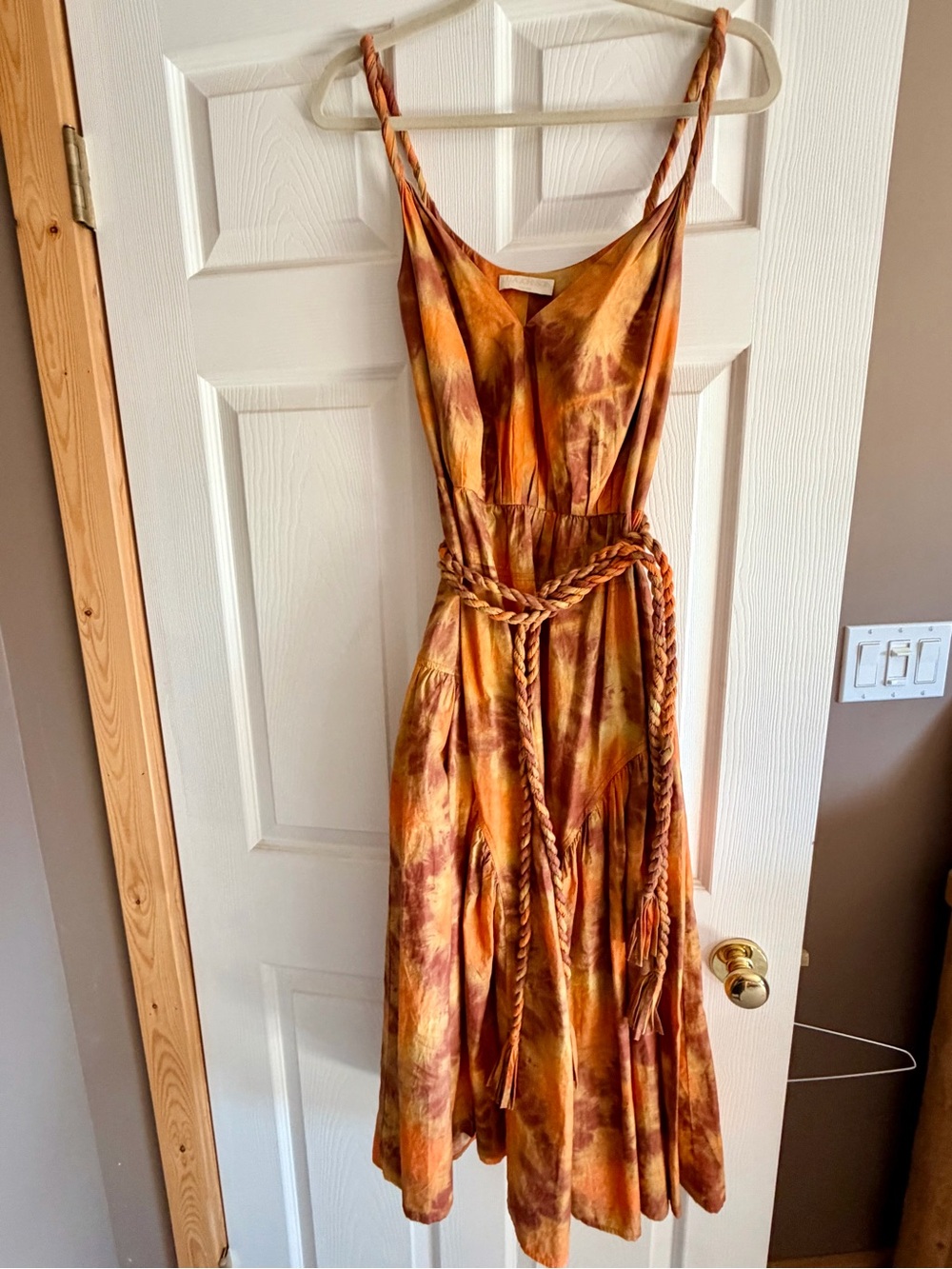 Ulla Johnson Orange & Brown Tie-Dye Midi Dress with Braided Belt